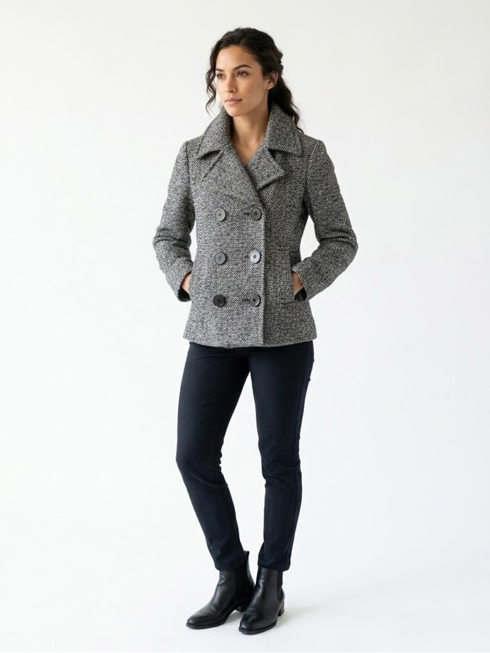 NINE WEST Black & White Tweed Wool Blend Double-Breasted Pea Coat - Size 8